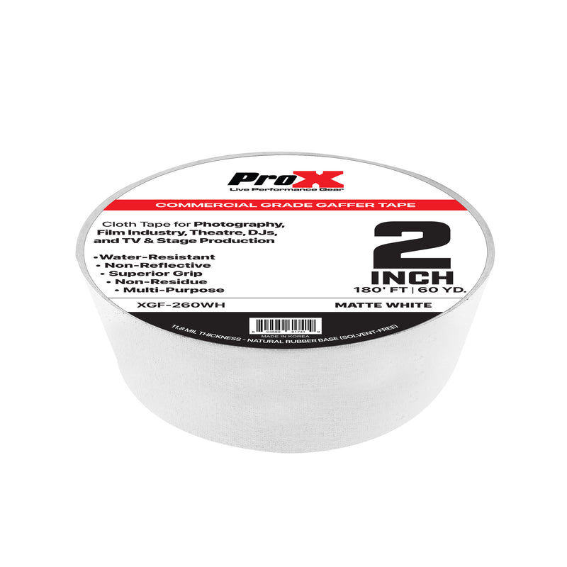 ProX XGF-260WH 2in Commercial Grade Gaffer Tape Pros Choice Non-Residue 180ft (Matte White)