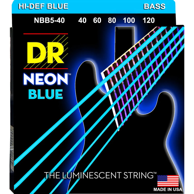 DR Handmade Strings NBB5-40 5 Electric Bass Strings Light (Neon Blue) - 40-120