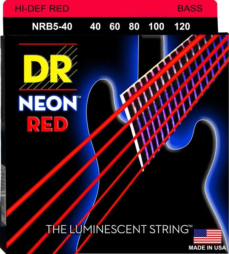 DR Handmade Strings NRB5-40 5 Electric Bass Strings Light (Neon Red) - 40-120