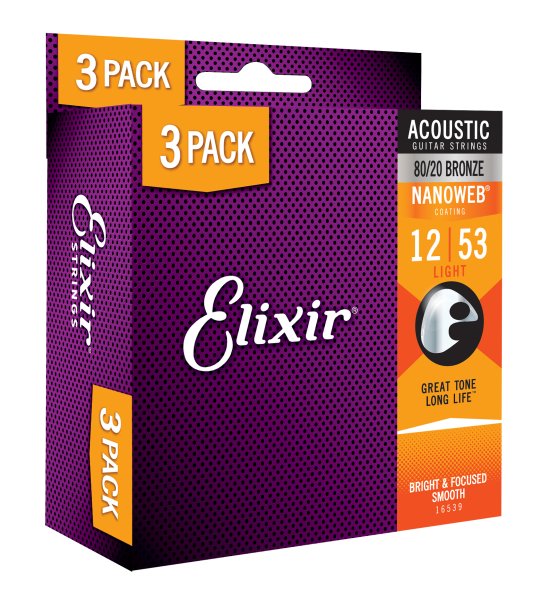 Elixir 16539X Acoustic Guitar Strings with NANOWEB Coating (3 Pack) - .012-.053