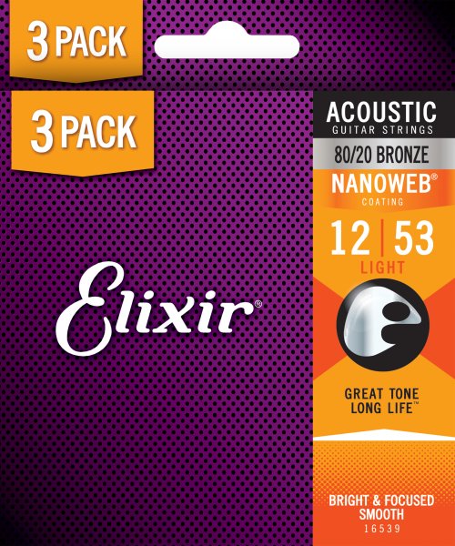 Elixir 16539X Acoustic Guitar Strings with NANOWEB Coating (3 Pack) - .012-.053