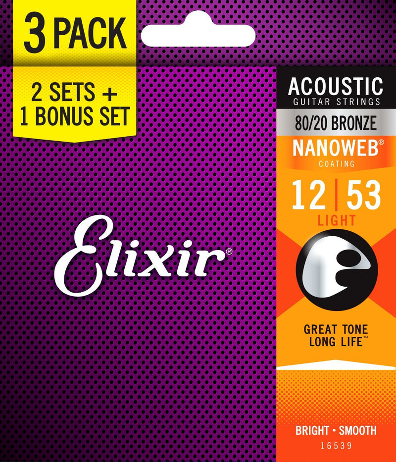 Elixir 16539 Cordes de guitare acoustique 80/20 avec revêtement Nanoweb (.012-.053) (paquet de 2+1)
