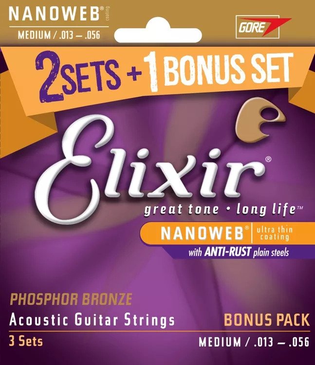 Elixir 16546 Nanoweb Coated Medium Phosphor Bronze Acoustic Guitar Strings (.013-0.056) (2+1 Pack)