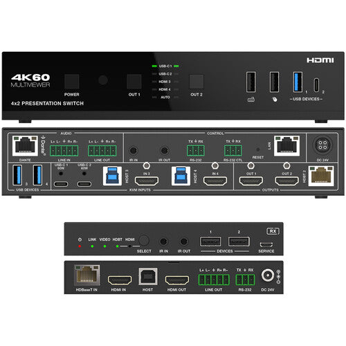 DVDO USBC-HDMI-PS-42-XTEND 4K Seamless Presentation Switcher/Extender with Dante Audio - 4x2