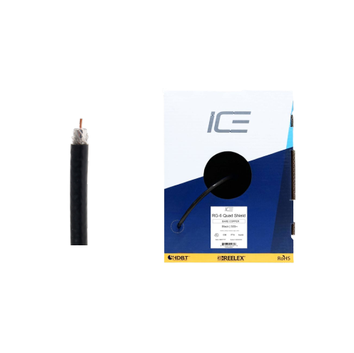 Ice Cable RG-6QS/BC/BOX/BLK/500 Câble coaxial en cuivre nu 18 AWG – Boîte de 152,4 m (Noir)
