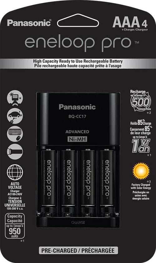 Panasonic KKJ17K3A4BA Eneloop Pro Piles rechargeables AAA Ni-Mh avec chargeur