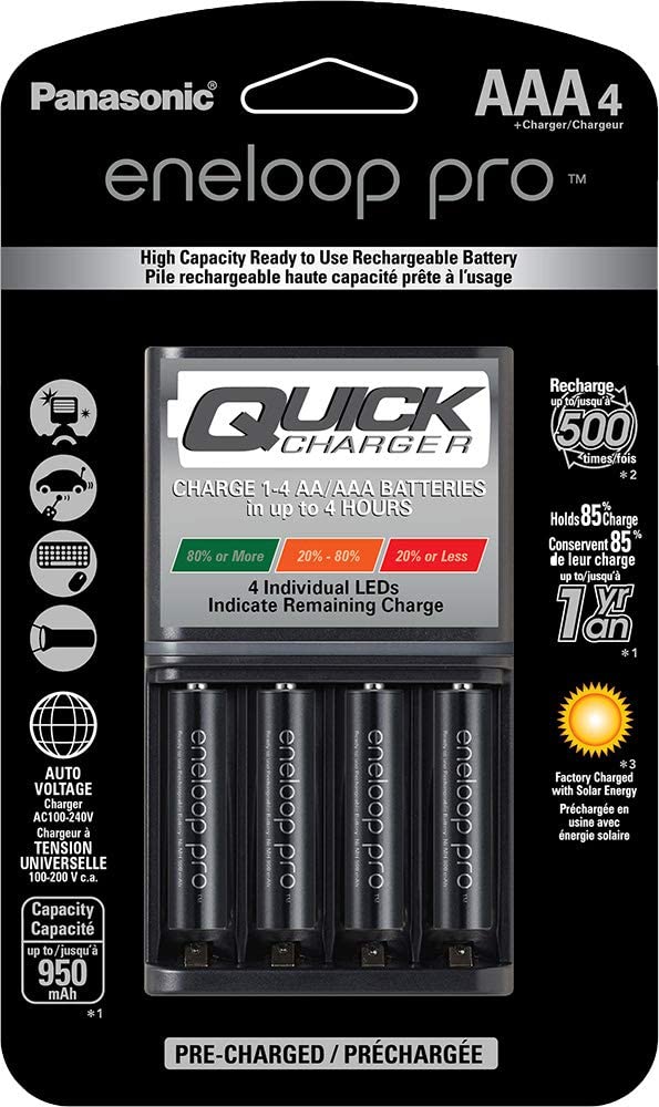 Panasonic KKJ55K3A4BA Chargeur de batterie rapide avancé de 4 heures avec piles rechargeables AAA Eneloop Pro haute capacité