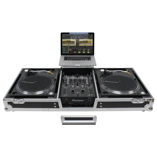 Odyssey FZGSLBM10WR Black Low Profile 10″ Format DJ Mixer and Two Battle Position Turntables Flight Coffin Case w/Wheels and Glide Platform