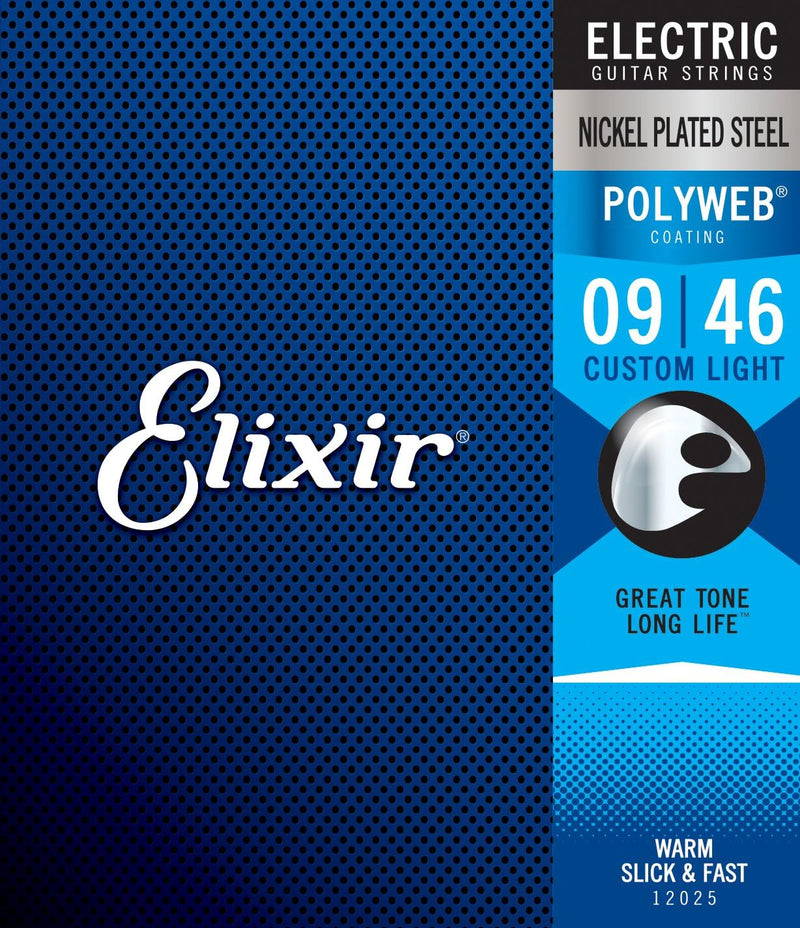 Elixir 12025 Polyweb Coated Custom Light Nickel Plated Steel Electric Guitar Strings - .009-0.46