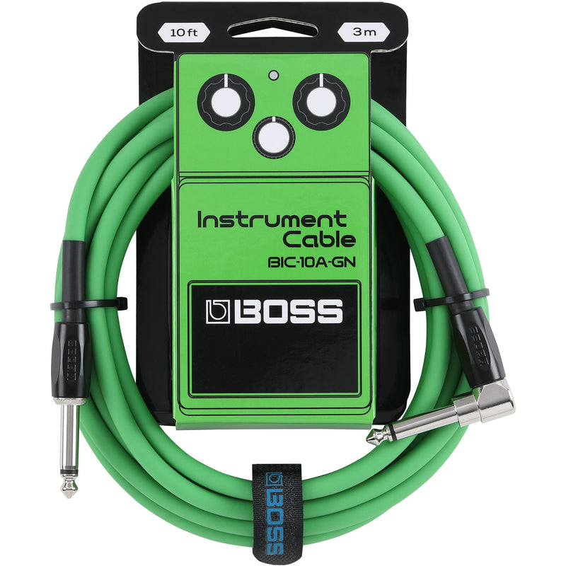 Boss BIC-10A-GN Straight To Right-Angle 1/4" Instrument Cable (Green) - 10"