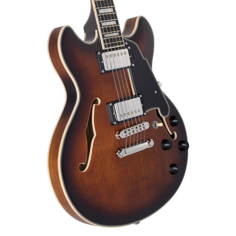 D'Angelico DAPMDCBRBNS Mini guitare électrique semi-creuse (Brown Burst)