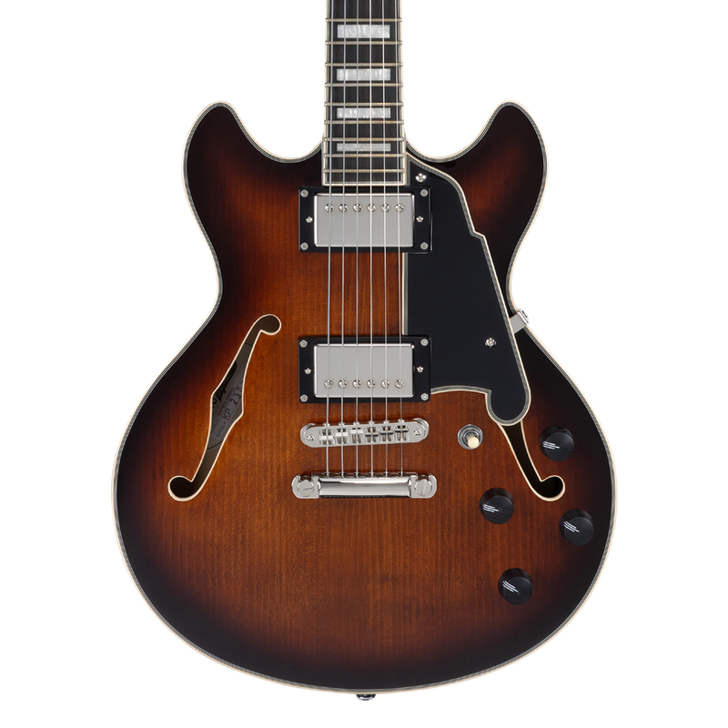 D'Angelico DAPMDCBRBNS Mini guitare électrique semi-creuse (Brown Burst)