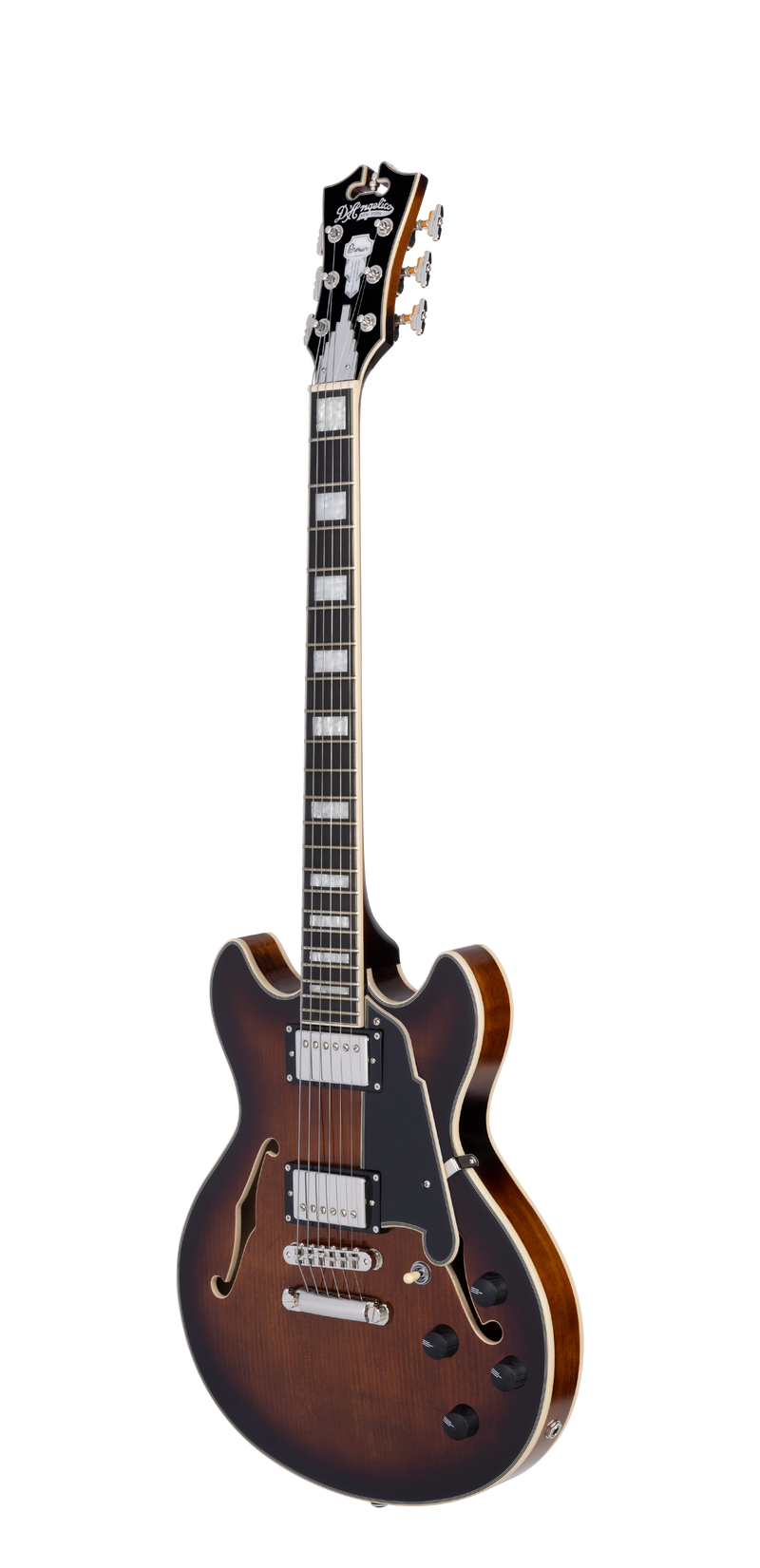 D'Angelico DAPMDCBRBNS Mini guitare électrique semi-creuse (Brown Burst)