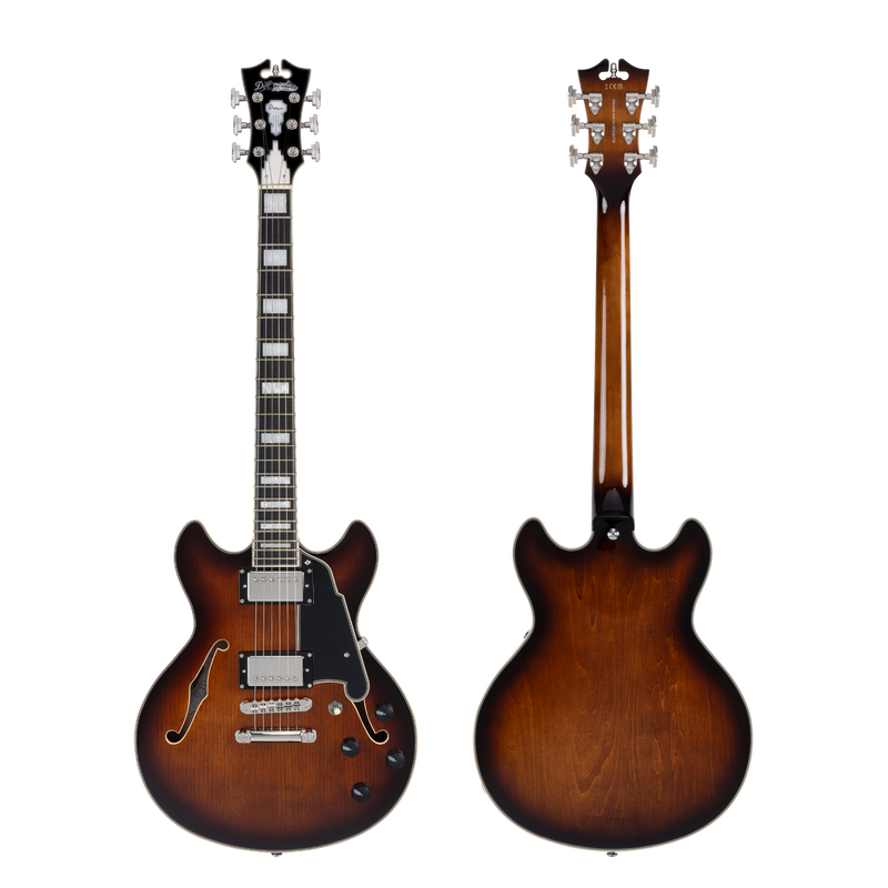 D'Angelico DAPMDCBRBNS Mini guitare électrique semi-creuse (Brown Burst)