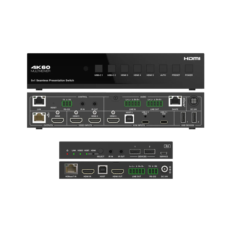 DVDO USBC-HDMI-PS-51 4K60 HDMI & USB-C Seamless Switcher Scaler Extender with USB & Dante (Tx/Rx)