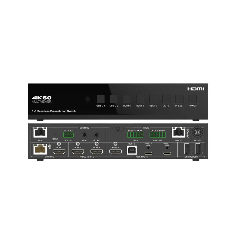 DVDO USBC-HDMI-PS-51 4K60 HDMI & USB-C Seamless Switcher Scaler Extender with USB & Dante (Tx/Rx)