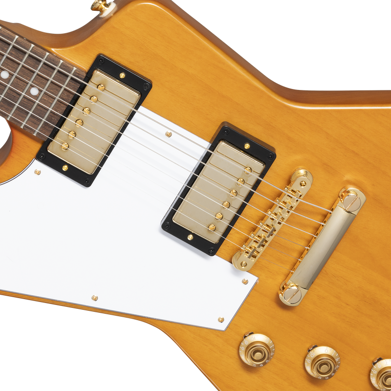 Epiphone IGCKEXW Korina Explorer Guitare électrique avec pickguard blanc et étui pour gaucher (naturel vieilli)