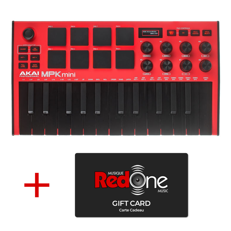 Akai MPK Mini MKIII Contrôleur de clavier à 25 touches - Édition limitée Rouge + 25 $ CARTE-CADE