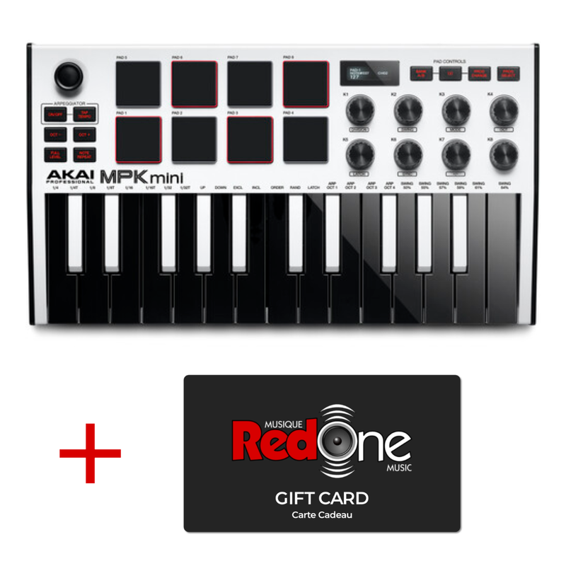 Akai MPK Mini MKIII Contrôleur de clavier à 25 touches (blanc) + 25 $ carte-cadeau