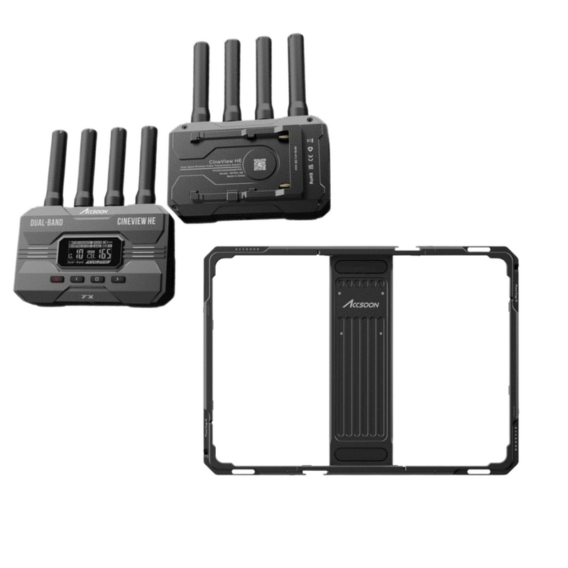 Accsoon CINEVIEW HE Multi-Spectrum HDMI Wireless Video Transmission System + POWERCAGE II Adjustable IPad Cage (BUNDLE)