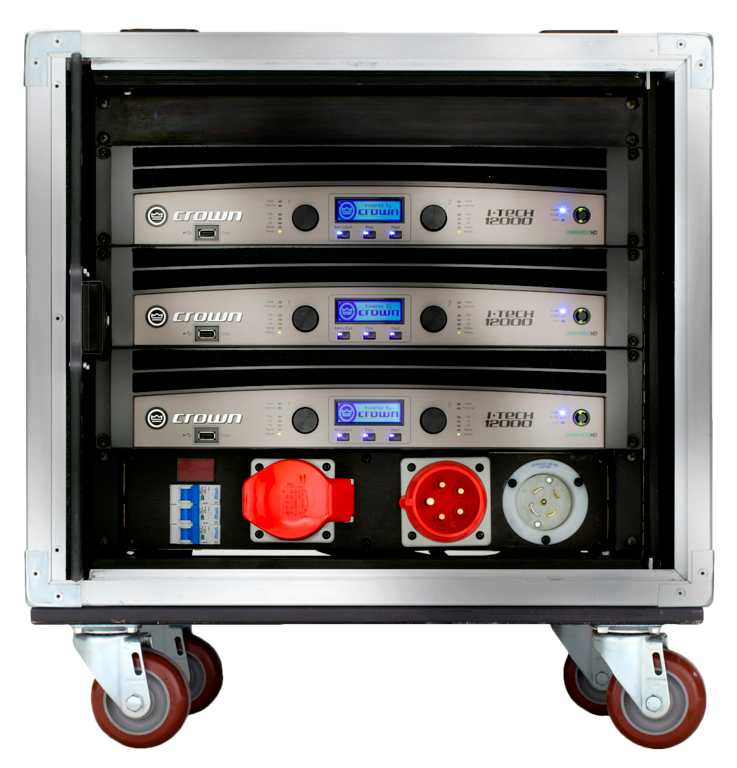 Crown VRACK12KFX Rugged Touring Rack With Three I-Tech 12000HD Power Amplifiers, A Connection Panel And A Power Distro