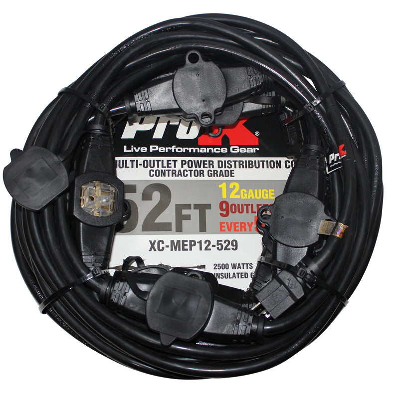 ProX XC-MEP12-529 Male NEMA 120VAC to 9-Outet Female Edison 12/3AWG Power Extension Cable - 52'
