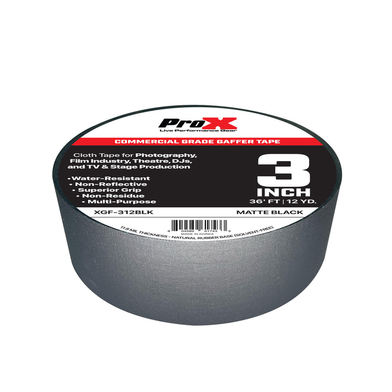 ProX XGF-312BLK 3in Commercial Grade Gaffer Tape Pros Choice Non-Residue 36ft (Matte Black)