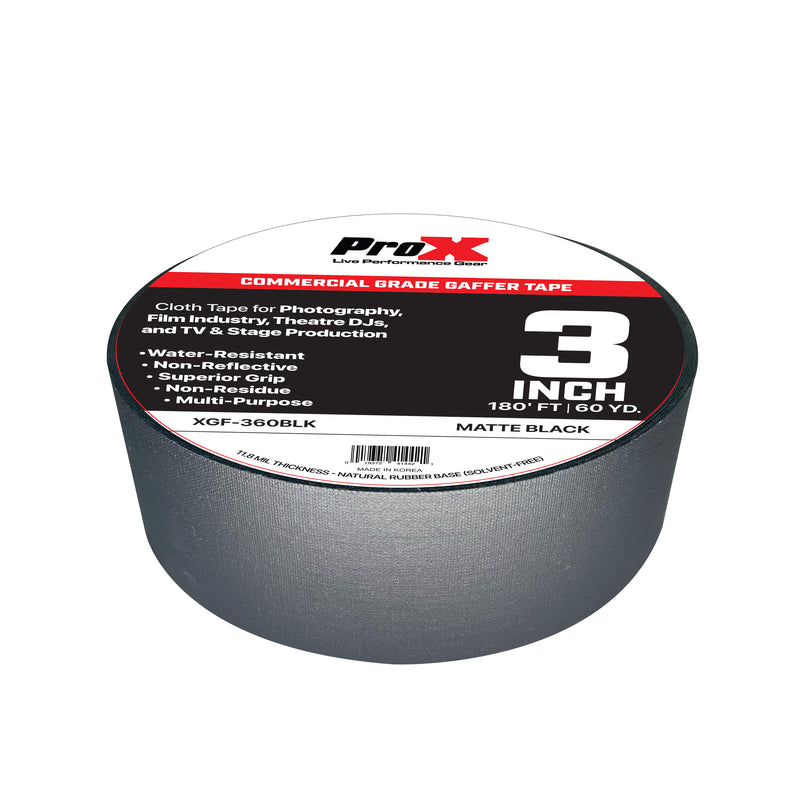 ProX XGF-360BLK 3in Commercial Grade Gaffer Tape Pros Choice Non-Residue 180ft (Matte Black)