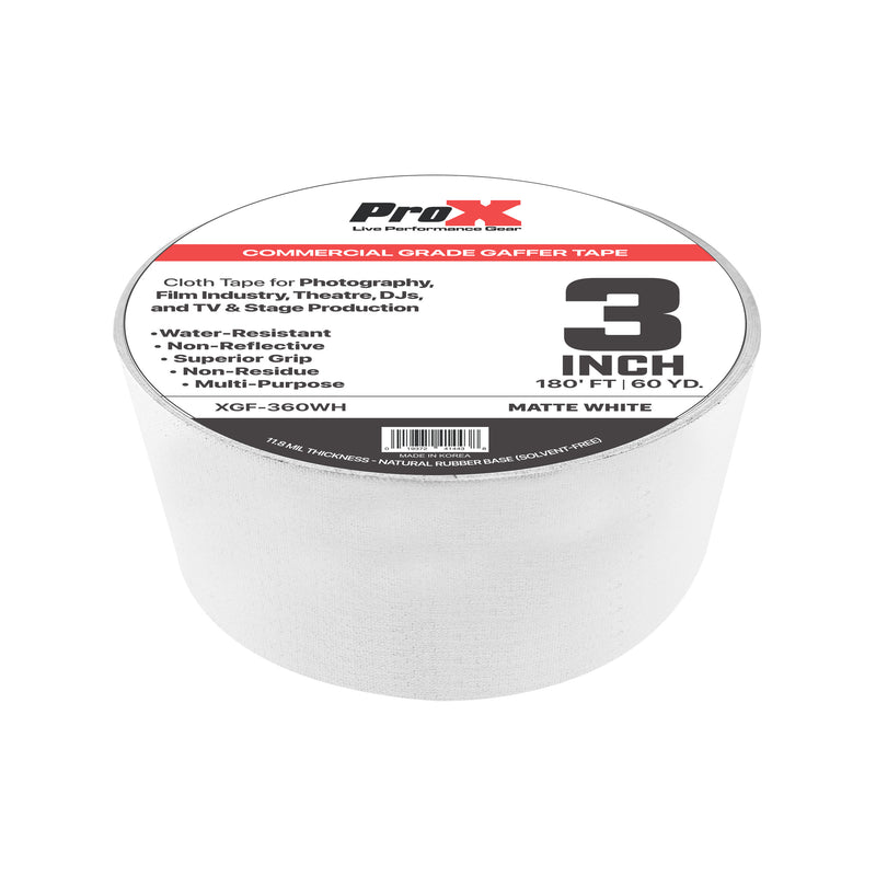 ProX XGF-360WH Ruban Gaffer de qualité commerciale 3 pouces Pros Choice sans résidus 180 pieds (blanc mat)