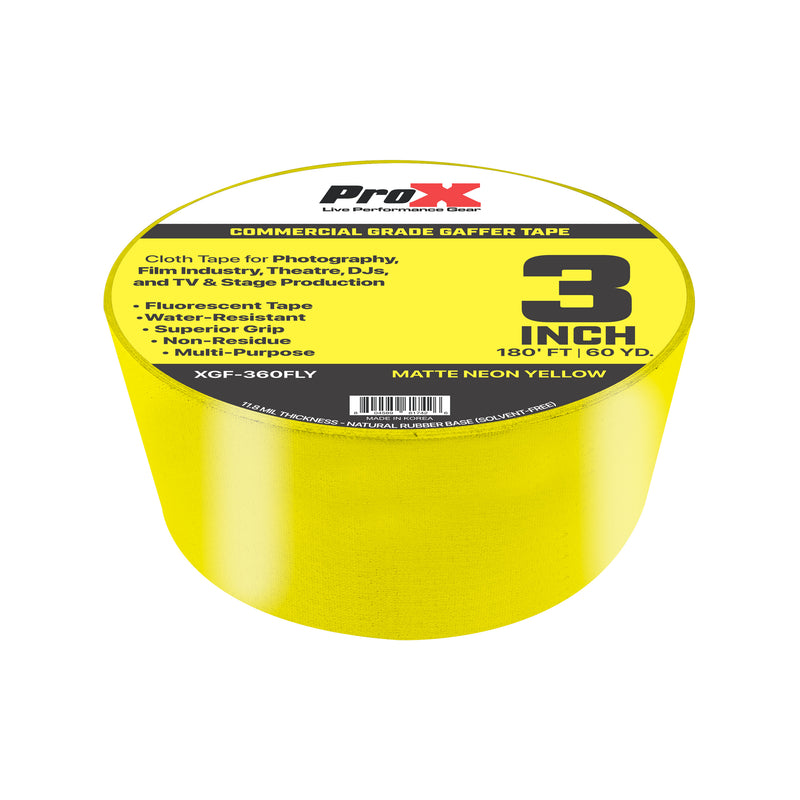 ProX XGF-360FLY 3in Commercial Grade Gaffer Tape Pros Choice Non-Residue 180ft (Matte Neon Yellow)