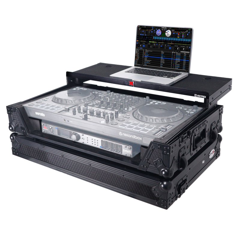 ProX XS-DDJREV5 WLTBL Boîtier LED pour contrôleur DJ Pioneer DDJ-REV5 avec étagère pour ordinateur portable 1U Rack Space Wheels (Noir)