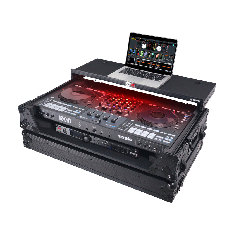 Prox xs-ranefourwltbled ATA Flight Style Road Case pour Rane Four ou Rane Perter DJ Contrôleur avec plate-forme d'ordinateur portable LED et roues d'espace de rack (noir)