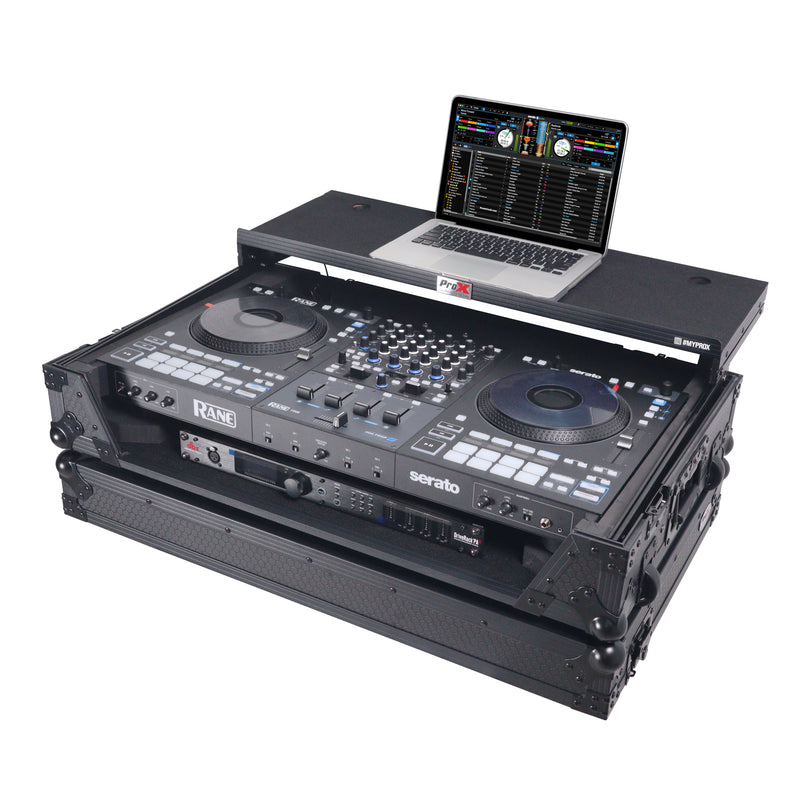 Prox xs-ranefourwltbled ATA Flight Style Road Case pour Rane Four ou Rane Perter DJ Contrôleur avec plate-forme d'ordinateur portable LED et roues d'espace de rack (noir)