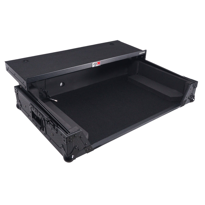 Prox xs-ranefourwltbled ATA Flight Style Road Case pour Rane Four ou Rane Perter DJ Contrôleur avec plate-forme d'ordinateur portable LED et roues d'espace de rack (noir)