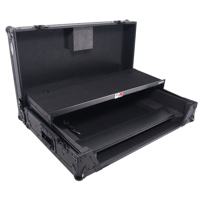 Prox xs-ranefourwltbled ATA Flight Style Road Case pour Rane Four ou Rane Perter DJ Contrôleur avec plate-forme d'ordinateur portable LED et roues d'espace de rack (noir)