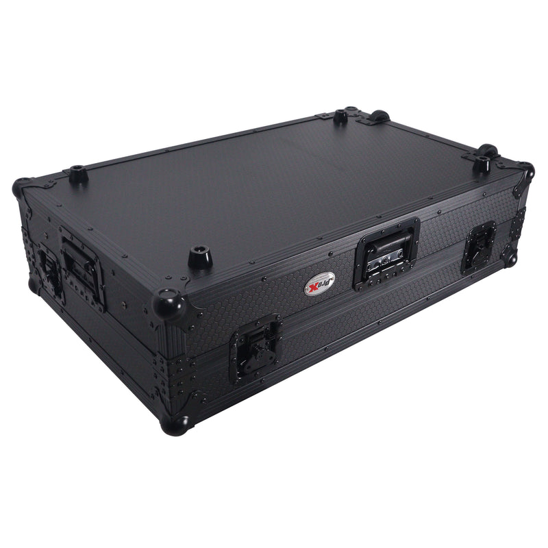 Prox xs-ranefourwltbled ATA Flight Style Road Case pour Rane Four ou Rane Perter DJ Contrôleur avec plate-forme d'ordinateur portable LED et roues d'espace de rack (noir)