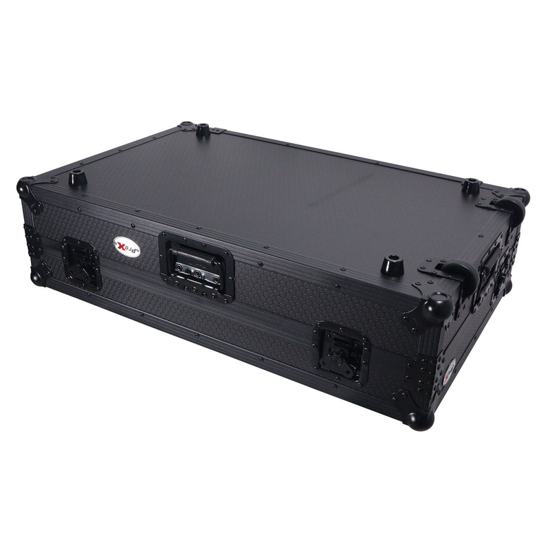 Prox xs-ranefourwltbled ATA Flight Style Road Case pour Rane Four ou Rane Perter DJ Contrôleur avec plate-forme d'ordinateur portable LED et roues d'espace de rack (noir)