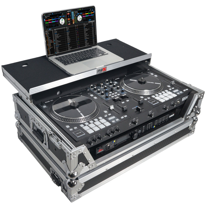 Flight case ProX XS-RANEONEWLT pour contrôleur DJ RANE ONE avec étagère coulissante pour ordinateur portable, support 1U et roues