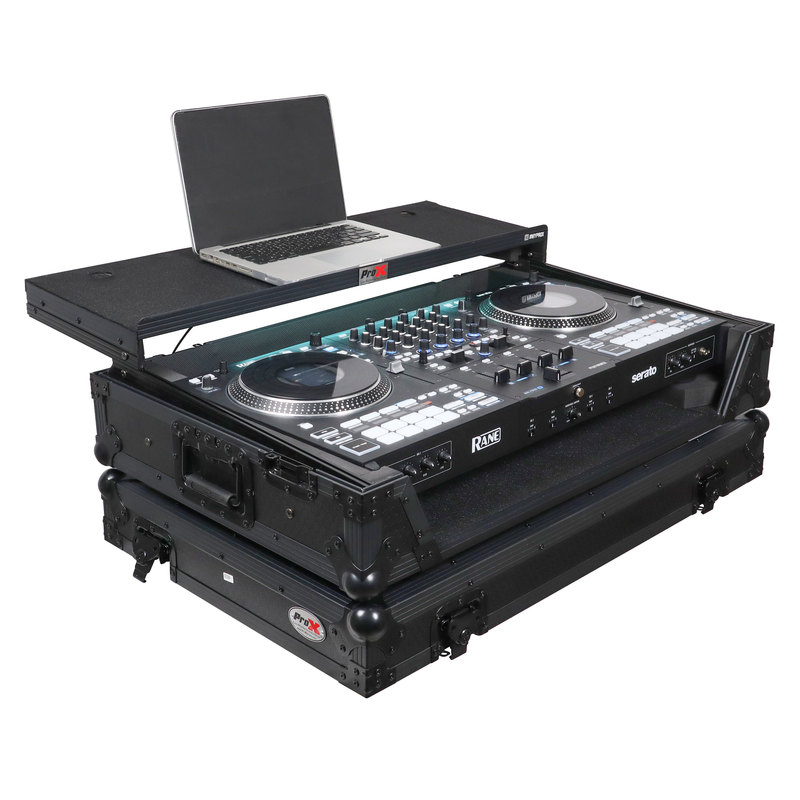 Prox xs-ranefourwltbled ATA Flight Style Road Case pour Rane Four ou Rane Perter DJ Contrôleur avec plate-forme d'ordinateur portable LED et roues d'espace de rack (noir)