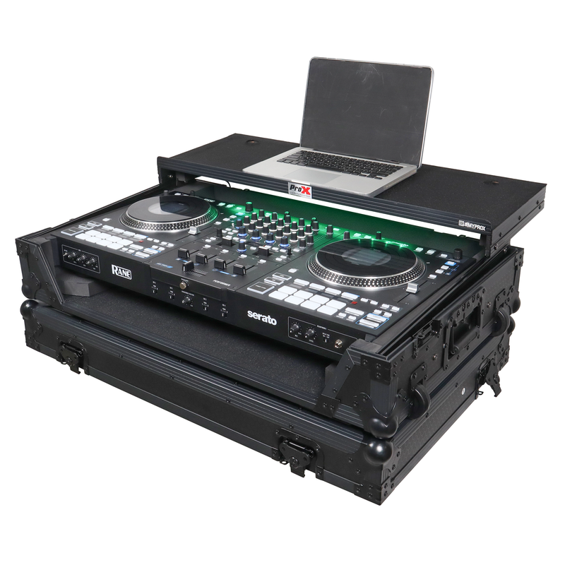 Prox xs-ranefourwltbled ATA Flight Style Road Case pour Rane Four ou Rane Perter DJ Contrôleur avec plate-forme d'ordinateur portable LED et roues d'espace de rack (noir)