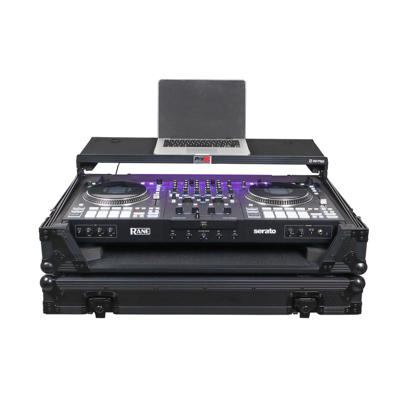 Prox xs-ranefourwltbled ATA Flight Style Road Case pour Rane Four ou Rane Perter DJ Contrôleur avec plate-forme d'ordinateur portable LED et roues d'espace de rack (noir)