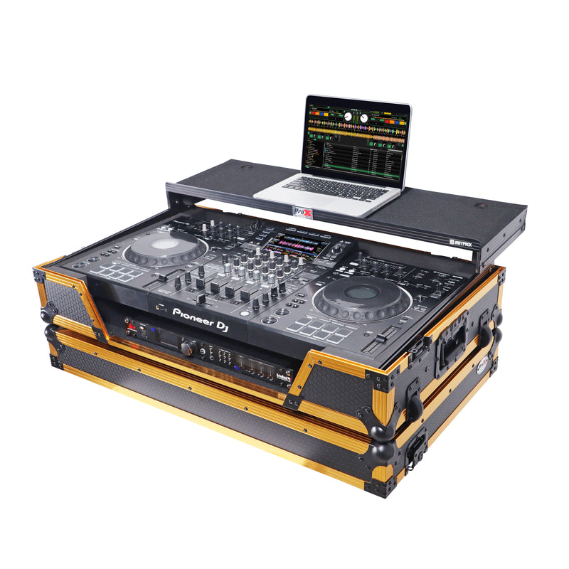 ProX XS-XDJXZ-WLT-GLD ATA Flight Case pour contrôleur DJ Pioneer XDJ-XZ avec étagère pour ordinateur portable, espace rack 1U et roues (or noir)