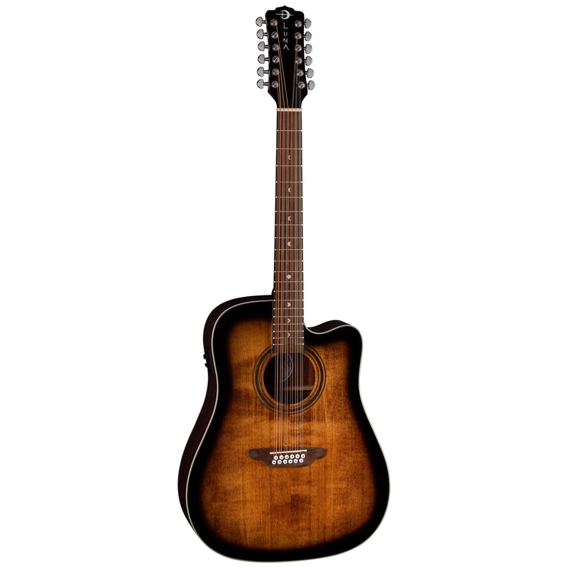 Luna ARTVINTAGE Guitare acoustique/électrique 12 cordes - Brownburst vintage vieilli 