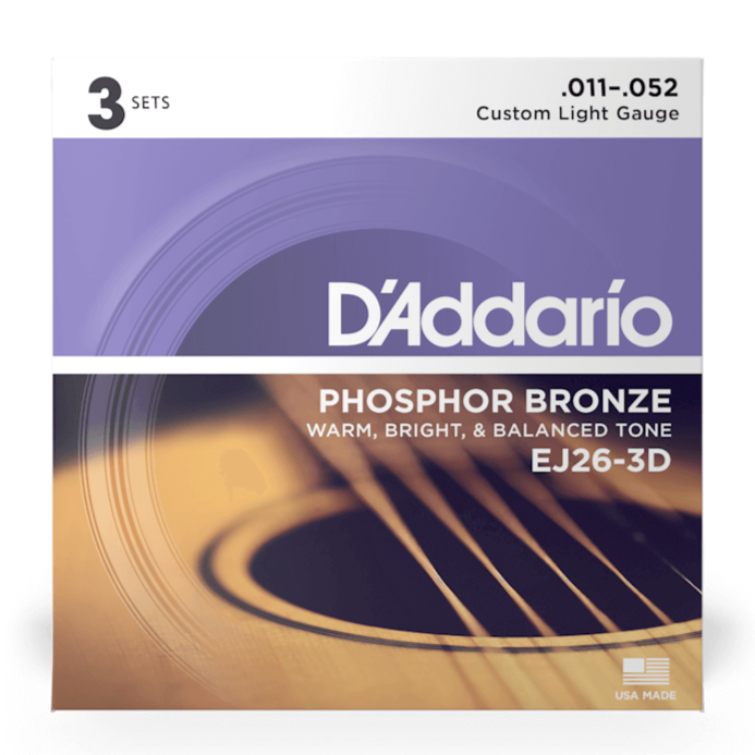 D'Addario EJ26-3D Bronze phosphoreux CUSTOM LIGHT 11-52 paquet de 3
