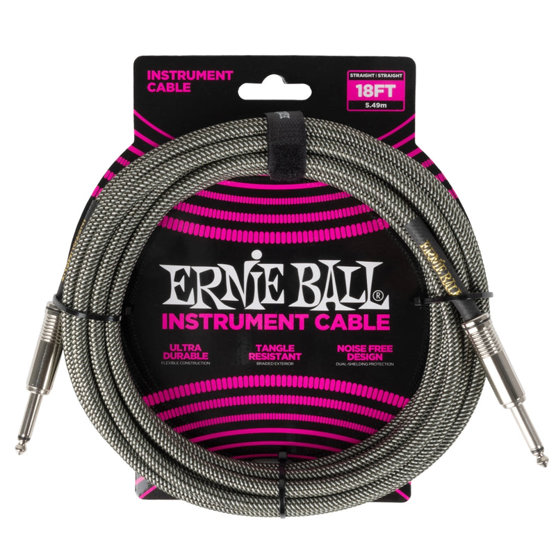 Ernie Ball 6433EB 1/4 to 1/4 Straight Braided Cable (Silver Fox) - 18'