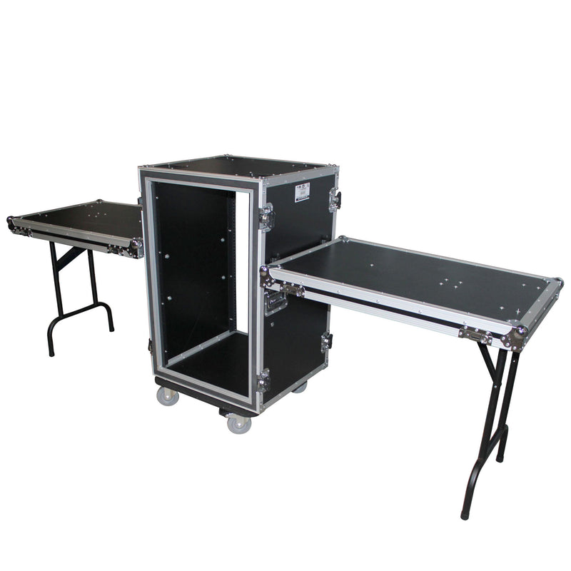 ProX T-16RSPWDT 16U Vertical Shockproof Amp Rack Case W-Side Tables 19 In Depth W-Casters