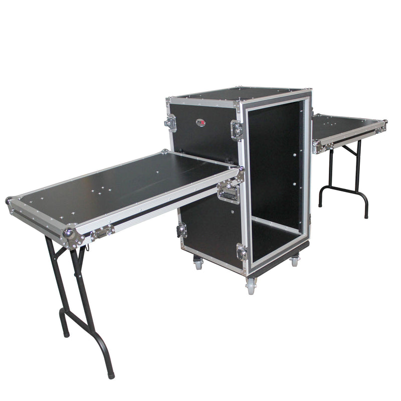 ProX T-16RSPWDT 16U Vertical Shockproof Amp Rack Case W-Side Tables 19 In Depth W-Casters