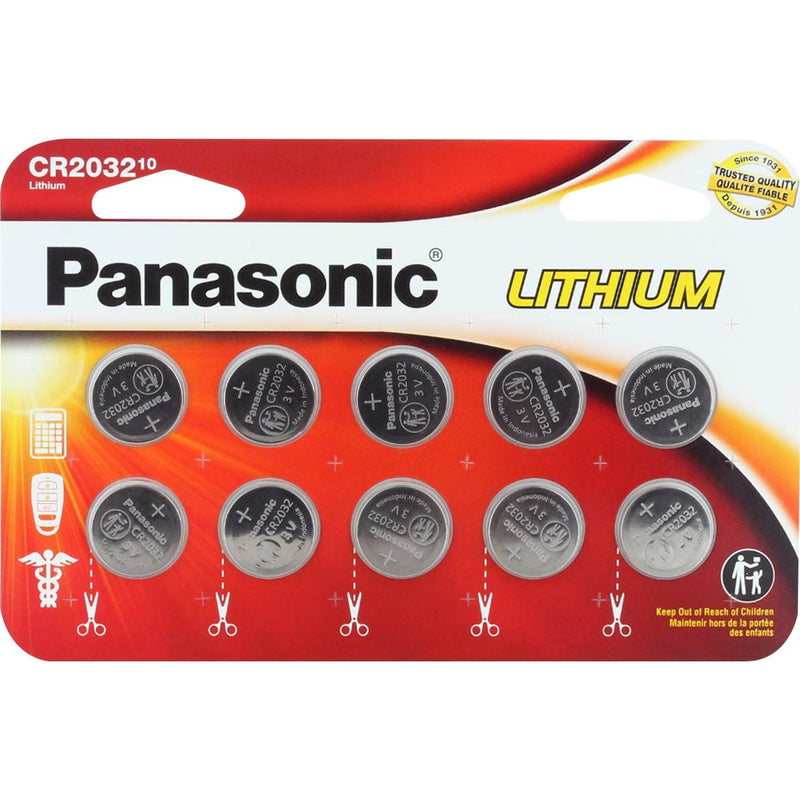 Panasonic CR2032 3V Lithium Coin Cell Battery - 220mAh, 10-Pack