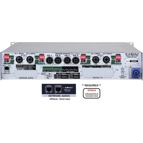 Ashly NXE4004BD Nxe Series Nxe4004 Amplificateur de puissance 4 canaux 400 W avec cartes OPDAC4 et OPDante