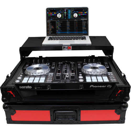 ProX XS-DDJSR2LTRB Flight Case LED pour contrôleur Pioneer DDJ-SR2 avec étagère pour ordinateur portable et kit LED (rouge sur noir)